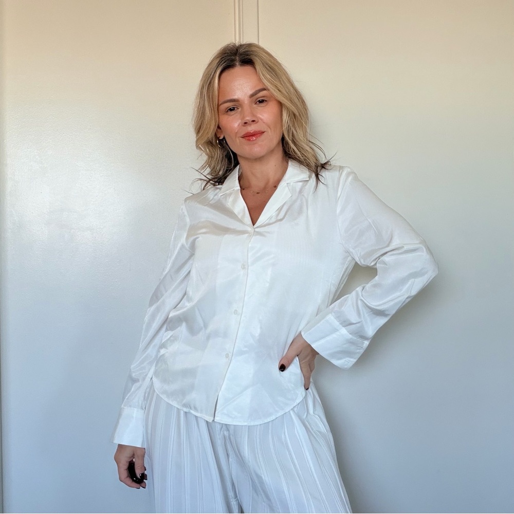 Almina Concept Silky Satin Button Down Shirt in White
